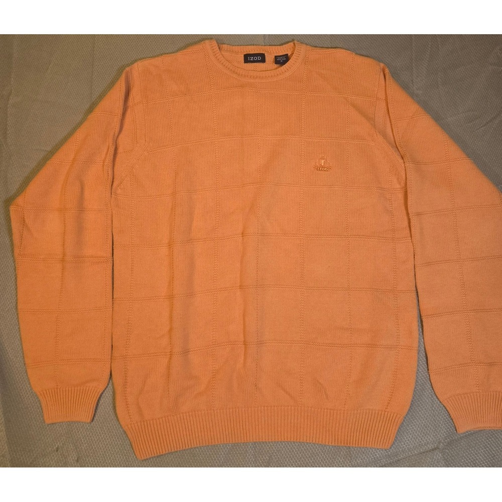 Izod Mens Orange Grid Textured Cotton Crewneck Sweater Medium Embroidered Logo